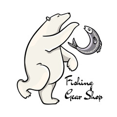 Vector illustration of hand drawn dancing polar bear juggling freshly caught fish. Beautiful ink drawing, animal design elements.