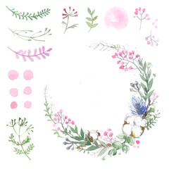 Set of flowers painted in watercolor on white paper. Sketch of flowers and herbs. Wreath, garland of flowers.