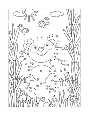Cute little panda bear in a bamboo forest connect the dots full-page picture puzzle and coloring page 