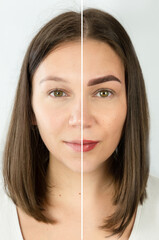 Foto porównanie przed i po makijażu permanentnym brwi i ust. Trwały makijaż. Twarz kobiety makijaż permanentny, uroda. 