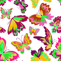 Vector pattern with decorative butterflies. Abstract seamless background. Colorful flat design for fabric and textile. Fashion style.