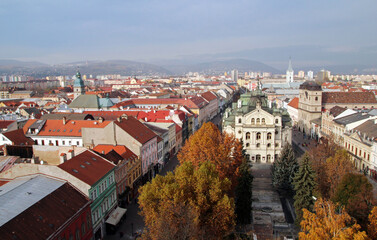 Top view of Hlavna ulica - Main street of Kosice Old city from Elisabeth Cathedral, with Statne divadlo - State theatre of Košice, Slovakia, Slovensko