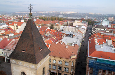 Obraz premium Aerial panoramic view of Kosice Old city from Elisabeth Cathedral, cityscape with streets and red tiled roofs, Slovakia, Slovensko