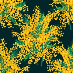 Gordijnen Vector floral seamless pattern with garden flowers. Bouquet made of mimosa flowers and greenery twigs. Bright botanical background. Spring nature ornament. Simple fashion retro style for fabric. © Galakam