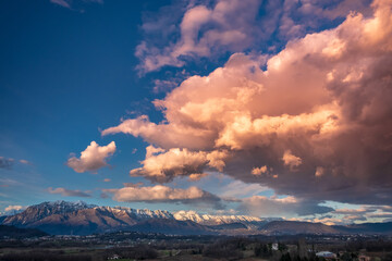 Winter colorful sunset in the countryside of Friuli-Venezia Giulia, Italy