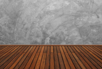 Full frame shot grungy concrete wall and wooden plank floor texture for background.