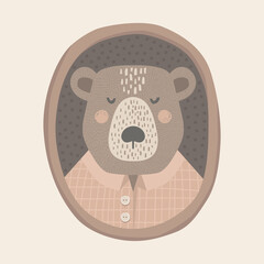 Portrait of a bear in an oval wooden frame. Plaid shirt. Polka dots background. Texture and simple shapes. Hand-drawn vector illustration in Scandinavian style. Print, cute postcard. Poster design.
