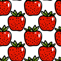 Vector seamless pattern with hand drawn juicy strawberries. Beautiful food design elements, perfect for prints and patterns