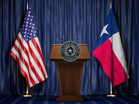 Press Conference Of Governor Of The State Of Texas Concept. Big Seal Of The State Of Texas On The Tribune With Flag Of USA And Texas State.