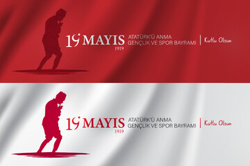 19 may commemoration of Atatürk, youth and sports holiday design vector. Turkish; 19 mayıs Atatürk'ü anma gençlik ve spor bayramı kutlu olsun.	