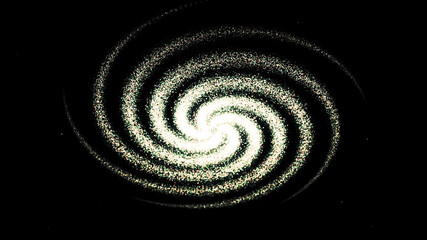 A spiral galaxy turning over a black background. Animation. Outer space view of a light green spirals of dust particles transforming into a cloud with a core in its center.
