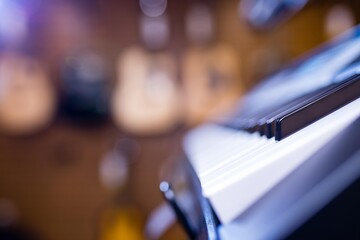 synthesizer close up in music store black and white key