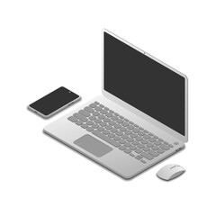 set of pc laptop, smartphone, and mouse in isometric view, vector illustration isolated on white background