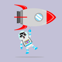 Illustration vector graphic cartoon of cute raccoon astronaut flying with spaceship balloon. Childish cartoon design suitable for product design of children's books, t-shirt etc