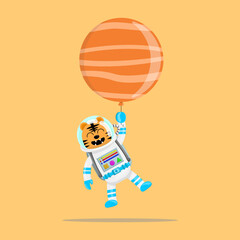 Illustration vector graphic cartoon of cute tiger astronaut flying with planet balloon. Childish cartoon design suitable for product design of children's books, t-shirt etc