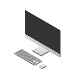 set of computer, monitor, keyboard, and mouse isolated on white background with isometric view, vector illustraton