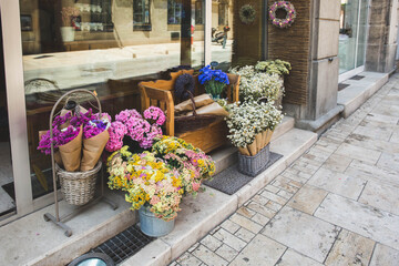 Street flower shop with colourful flowers