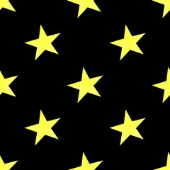 Seamless pattern with yellow stars. Cute baby design. Hand-drawn illustrations of yellow watercolor stars on a black background. For the design of fabric, wallpaper, and children's textiles.