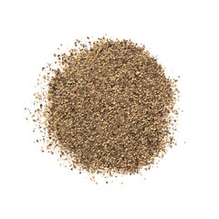 Crushed Black Pepper – Heap of Peppercorn Powder, Flavoring Dried Spice – Top View, Close-Up Macro, from Above – Isolated on White Background