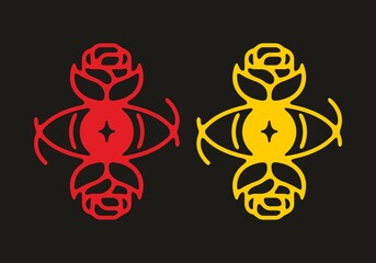 Red and yellow illustration of rose and eyes in dark background