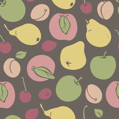 Vector seamless pattern with different fruits. Apple, peach, pear, cherry, apricot on grey background.