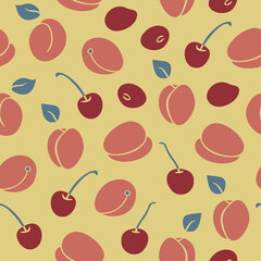 Vector seamless pattern with apricot and cherry fruits on yellow background. Summer fruit design.