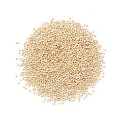Quinoa Seeds – Heap of White Quinoa Grains, Raw Spice in Bulk, Superfood – Top View, Close-Up Macro, from Above – Isolated on White Background