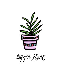 Vector card with hand drawn succulent in painted pot. Ink drawing, graphic style. Beautiful design elements.