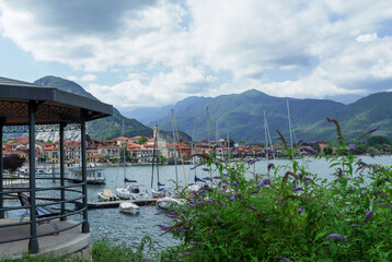 Sailboats moored in Feriolo,charming town overlooking lake Maggiore.Piedmont,italian lakes,Italy.