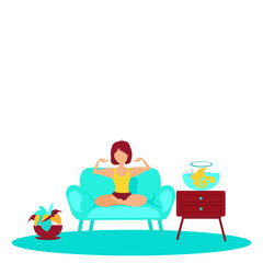 No face girl yoga on light blue sofa with cute dog in living room has golden fish in round jar on crimson  drawer table. Young woman relaxing on chair at home. Vector illustration in a flat style