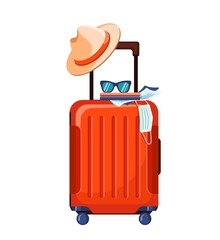 Travel safety and new normal. Red suitcase with hat, sunglasses and medical face mask isolated on white background. Poster, banner. Travel with coronavirus.