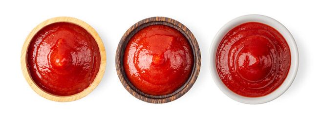 tomato sauce in wood bowl isolated on white background
