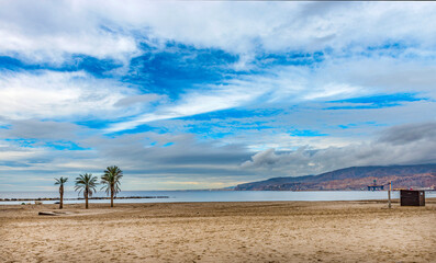 Fototapeta na wymiar Looking over Beach towards Almeria City, Andalusia, Spain