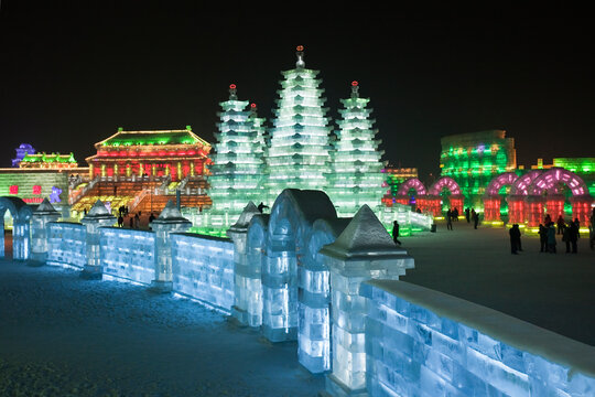 HARBIN-CHINA, JAN. 17, 2010. View on buildings made of ice blocks at Harbin Ice Sculpture Festival. It is one of the world’s largest Ice festivals and has been held since 1963. Harbin, Jan. 17, 2010.