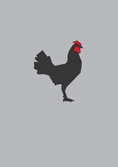 Stylized rooster character, side view, made in two colors: red and black on a gray background, linear drawing, filled with color along the contours of the silhouette