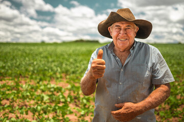 Farmer working on soybean plantation. Elderly man looking at camera with thumbs up