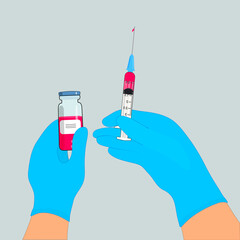 Flat vaccine syringe concept. The doctor's hand holds a syringe, a bottle of medicine. Isolated. illustration