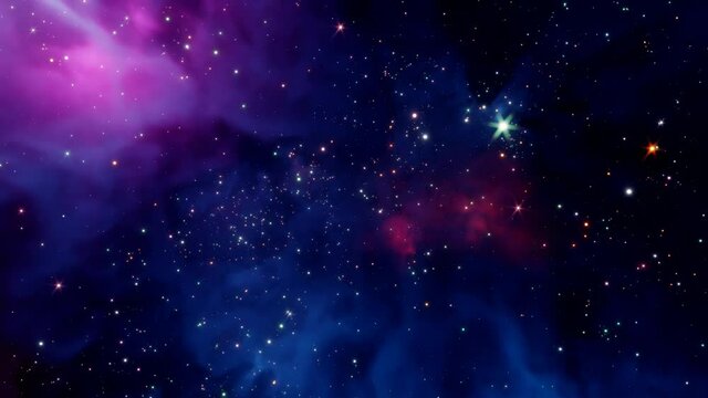Flying through outer space. Many stars and cosmic nebulae. 4k video slow motion shooting of the stars of the cosmic background. 3D animation.