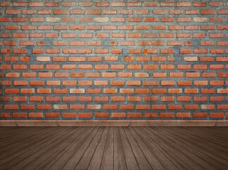 Old red brick wall and wooden floor panoramic background