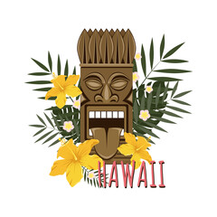 Vector image of a wooden Hawaiian tiki sculpture decorated with hibiscus flowers, plumeria and palm leaves. Design elements for print, banner, flyer.