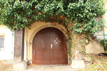Fototapeta na wymiar Altes Tor mit einem Rundbogen in einer Hauswand