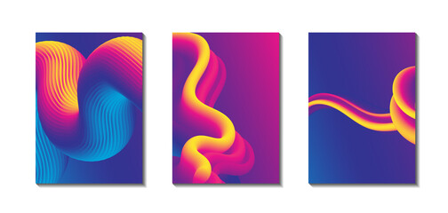 Set of trendy abstract design templates with 3d flow shapes. Dynamic gradient composition. Applicable for covers, brochures, flyers, presentations, banners. Vector illustration. Eps10