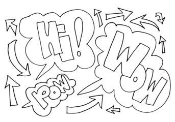 Hi,Wow. Sticker for social media content. Vector hand drawn illustration design.Dialog words, conversation phrases.
