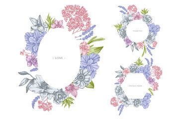 Floral frames with pastel anemone, lavender, rosemary everlasting, phalaenopsis, lily, iris