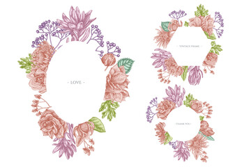 Floral frames with pastel viburnum, hypericum, tulip, aster, leucadendron, amaryllis