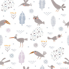 Vector set of cute fantasy birds and flowers in simple primitive style. Print for children. Seamless pattern