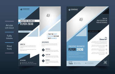 creative business flyer template design with blue and black color, catalog, proposal, advertise, promotion, leaflet, paper, Flyer Template Geometric shape used for business poster layout.