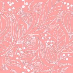 Seamless pattern of plants drawn by line on a pink background.