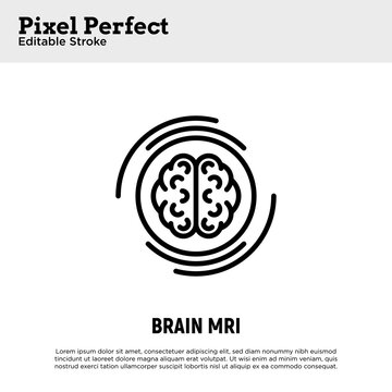Human brain MRI scan thin line icon. Medical equipment for oncology detection. Pixel perfect, editable stroke. Vector illustration.survey.