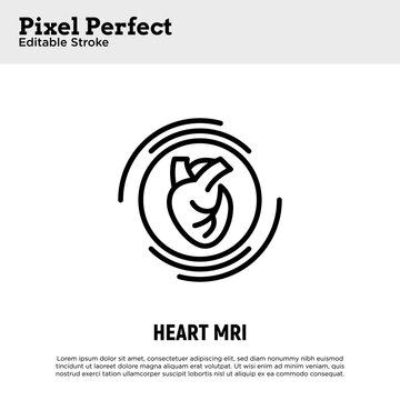 Human heart MRI scan thin line icon. Medical equipment for oncology detection. Pixel perfect, editable stroke. Vector illustration.